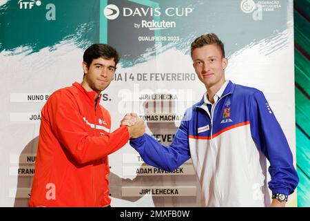 Nuno Borges o Portugal, left, and Jiri Lehecka of Czech Republic during the drawing lots for the Davis Cup tennis tournament qualification Portugal vs Stock Photo