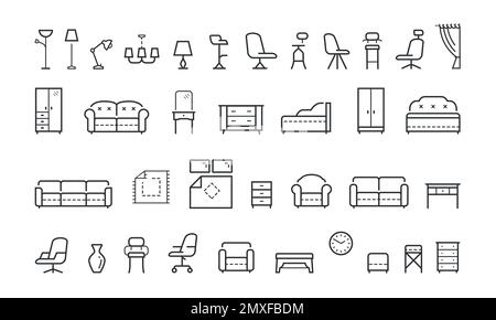 Set of interior design and home decoration related line icons. Furniture concept. Symbols and signs with thin outline Stock Vector