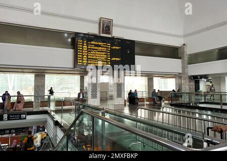 Large timetable display inside the main railway station of Rabat Stock Photo