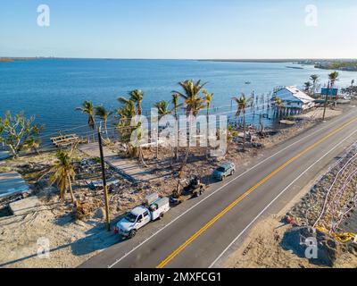 Aerial drone photo Matlacha severly damaged by Hurricane Ian circa 2022 Stock Photo
