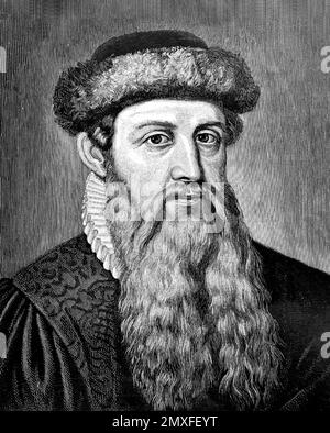 Johannes Gutenberg. Portrait of the German inventor and craftsman, Johannes Gensfleisch zur Laden zum Gutenberg (c. 1393–1406 -1468), engraving Stock Photo