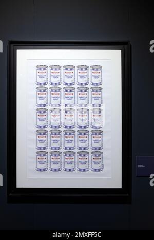 Trieste, Italy - January 21, 2023: Lithography titled Soup cans by Banksy. The Great Communicator Banksy, Salone degli Incanti Stock Photo