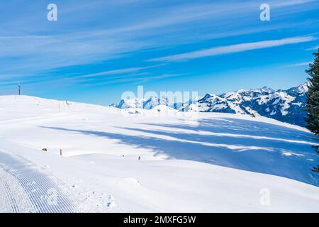 Wintry landscape on Hahnenkamm mountain in Austrian Alps in Kitzbuhel. Winter in Austria Stock Photo