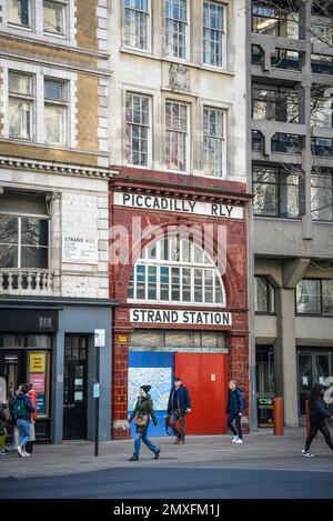 Old entrance and sign for Piccadilly railway and Strand Station. London, England, UK Stock Photo