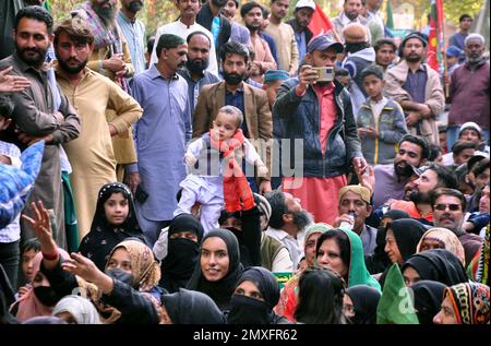 Hyderabad, Pakistan. 03rd Feb, 2023. Members of Tehreek-e-Insaf (PTI) are holding protest demonstration against Federal Government and massive unemployment, increasing price of daily use products and inflation price hiking, held at Hyderabad press club on Friday, February 03, 2023. Credit: Asianet-Pakistan/Alamy Live News Stock Photo