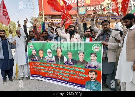 Hyderabad, Pakistan. 03rd Feb, 2023. Members of Tehreek-e-Insaf (PTI) are holding protest demonstration against massive unemployment, increasing price of daily use products and inflation price hiking, held at Sukkur press club on Friday, February 03, 2023. Credit: Asianet-Pakistan/Alamy Live News Stock Photo