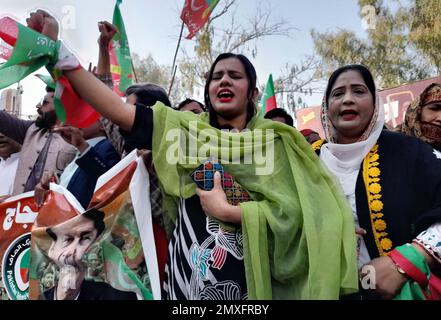 Hyderabad, Pakistan. 03rd Feb, 2023. Members of Tehreek-e-Insaf (PTI) are holding protest demonstration against massive unemployment, increasing price of daily use products and inflation price hiking, held at Sukkur press club on Friday, February 03, 2023. Credit: Asianet-Pakistan/Alamy Live News Stock Photo