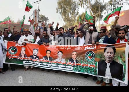 Hyderabad, Pakistan. 03rd Feb, 2023. Members of Tehreek-e-Insaf (PTI) are holding protest demonstration against massive unemployment, increasing price of daily use products and inflation price hiking, held at Sukkur press club on Friday, February 03, 2023. Credit: Asianet-Pakistan/Alamy Live News Stock Photo