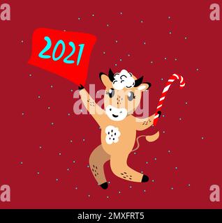 Christmas,Happy New Year Greeting Card.Cute Bull with Sweet Candy Cane Lollipop.Winter Holidays Congratulation.Cow 2021 Symbol. Winter Atmosphere.Fest Stock Photo