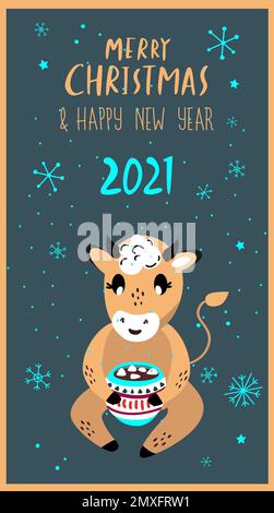 Christmas,Happy New Year Greeting Card.Cute Cartoon Bull Drinking Hot Chocolate,Cocoa with Marshmallows.Cow 2021 Symbol.Holiday Winter Atmosphere.Fest Stock Photo