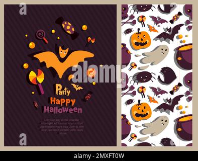 Halloween Bright Set of Greeting Card, Seamless Endless Pattern.Creative Illustration, Funny Bat and Sweets.Celebrate All Saints' Day.Halloween Party Stock Photo