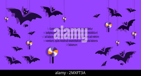Happy Halloween Banner or Party Invitation Template. Purple Bright Greeting Card with Funny Bats,Spiders,Flittermouses and Text.Happy Halloween Celebr Stock Photo