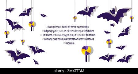 Happy Halloween Banner or Party Invitation Template. White Bright Greeting Card with Funny Bats, Spiders, Flittermouses and Text.Happy Halloween Celeb Stock Photo
