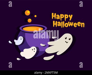 Halloween Festive Banner or Party Invitation. Purple Bright Background with Cute Ghosts Group .All Saints Day Banner.Bright Greeting Card.Happy Hallow Stock Photo