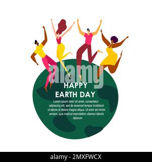 Group of Happy Different People Women and Man Jumping on the Planet Globe. Happy Earth Day Celebrating, Holding Hands. Ecology Support,Environment Fri Stock Photo