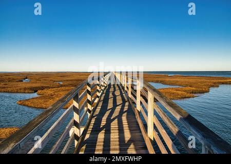 On a snowless Winter day, an empty boardwalk extends into the marsh at Gray's Beach on Cape Cod near Yarmouth, MA. Stock Photo