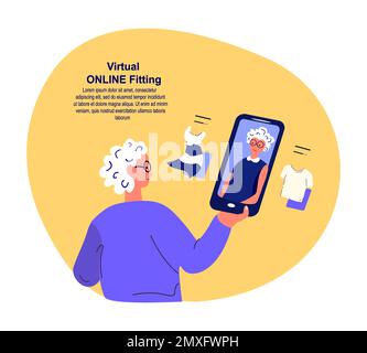 Online Shopping.Virtual Digital Fitting Image.3D Picture. Retired Old Woman Choose Clothes, Dress Online. Consumption. Smartphone Digital Internet Sho Stock Photo