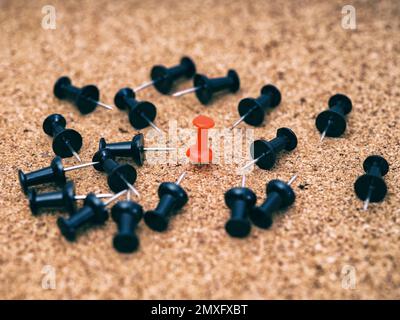 One red pin in the middle of black ones on a cork board. Close up. Stock Photo
