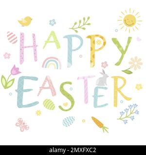 Happy Easter vector card. Hand-drawn design of Spring greeting card. Stock Vector