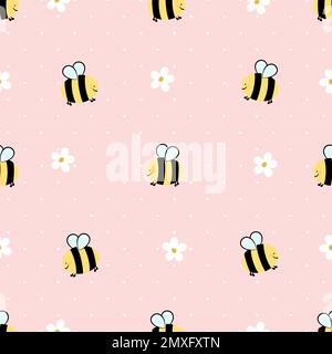 Seamless pattern with daisy flower and bee cartoons on pink background vector illustration. Cute floral print. Stock Vector