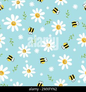 Seamless funny pattern with smile chamomile with bee on blue background. Print for fabric and wrapping paper. Stock Vector