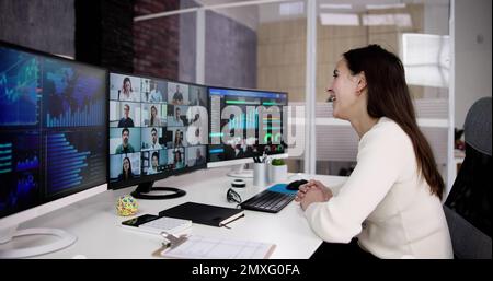 Watching Video Conference Business Webinar On Computer Stock Photo
