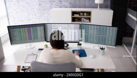 Using Corporate Invoice Spreadsheet On Computer Monitors Stock Photo