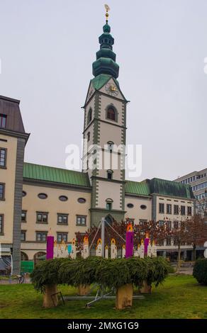 Klagenfurt am Worthersee, Austria - December 25th 2022. Christmas Day in Domplatz square in the historic centre of Klagenfurt, Carinthia, Austria. The Stock Photo