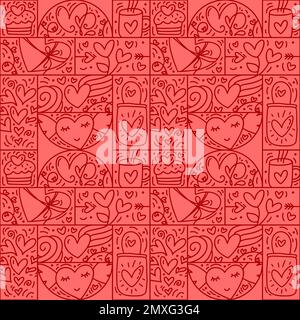 Valentines logo vector seamless pattern love, bag, heart, envelope line and abstract on red background. Hand drawn monoline constructor for romantic Stock Vector