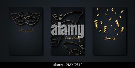 Carnival gold and black posters set, flyer or invitation design. Festive Golden cards. Vector illustration. Elegant luxury tickets with GOLD pattern Stock Vector