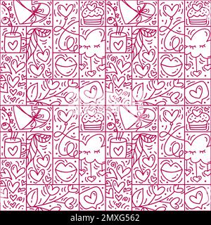 Valentine logo vector seamless pattern line love, cloud, cake, heart and gift box. Hand drawn monoline constructor for romantic greeting card Stock Vector