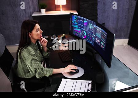Business Woman Analyst Using KPI Data On Computer Stock Photo