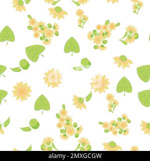 Floral seamless pattern with linden flowers. Hand drawn eco design for fabric and wrapping paper. Stock Vector