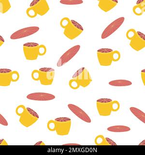 Cups and saucers bright seamless pattern. Tea, tea shop, coffee. Wallpaper, wrapping paper fabric Stock Vector