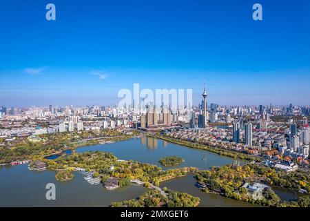 The Water Park is located in Nankai District, Tianjin, China, with a TV towerzoo and the Olympic Center nearby Stock Photo