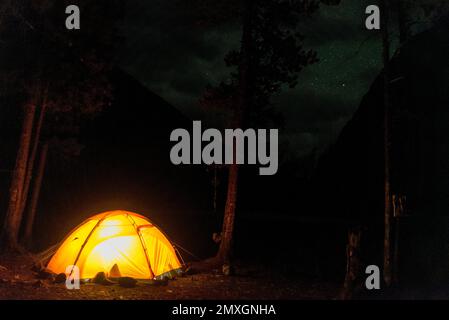 The orange tourist tent of travelers in the forest among the trees glows near the mountains under the stars. Stock Photo
