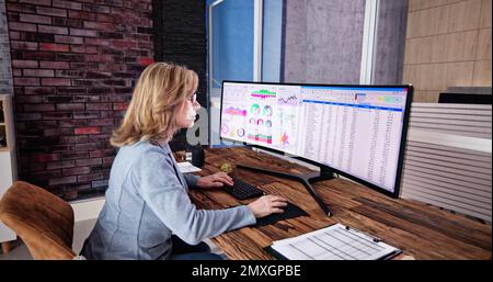 Business Data Audit Spreadsheet On Analyst Computer Stock Photo