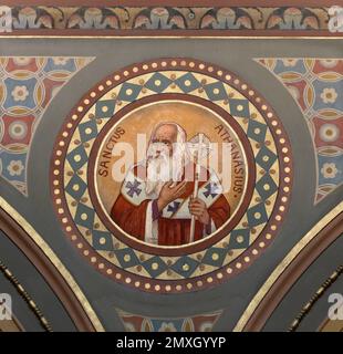 BERN, SWITZERLAND - JUNY 27, 2022: The fresco of St. Athanasius in the church Dreifaltigkeitskirche by August Müller (1923). Stock Photo