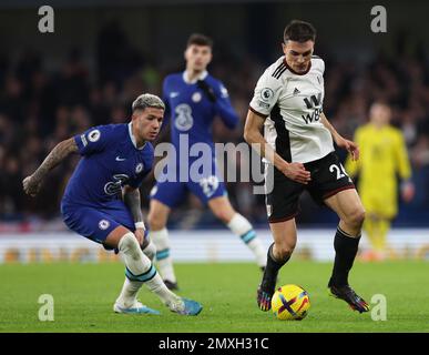 London, UK. 3rd February 2023. Enzo Fernandez of Chelsea and Joao Palhinha of Fulham during the Premier League match at Stamford Bridge, London. Picture credit should read: David Klein / Sportimage Credit: Sportimage/Alamy Live News Stock Photo