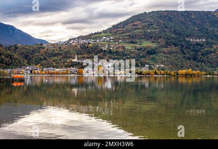 Levico lake, small pretty lake in Italian Alps, Valsugana valley, Levico Terme town, Trento, Trentino Alto Adige, Italy. Stock Photo