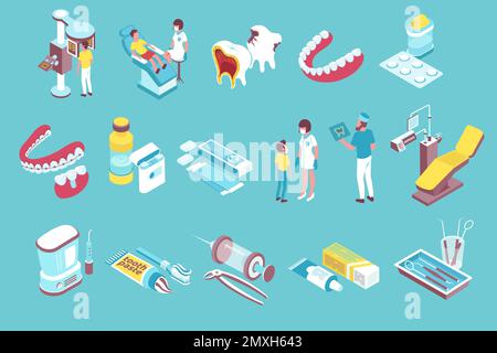 Dentistry isometric elements collection with dentist tools chair patients decayed teeth removable prothesis bridge pills vector illustration Stock Vector