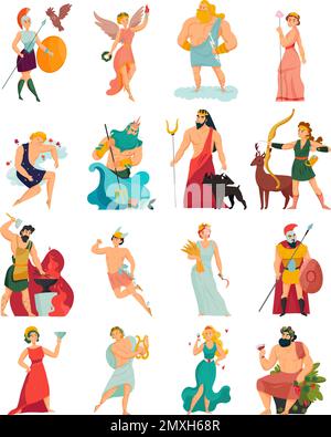 Greek gods cartoon icons set with zeus poseidon hera apollo aphrodite ares hades isolated on white background vector illustration Stock Vector