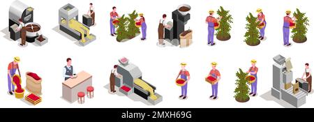Coffee industry production 2 rows isometric elements with beans harvesting processing roasting packing grinding machines vector illustration Stock Vector