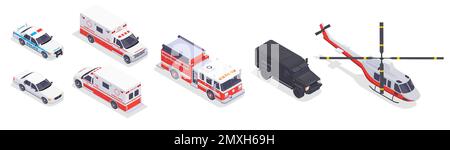 Emergency service transport isometric icons set with fire engine ambulance police car helicopter 3d isolated vector illustration Stock Vector