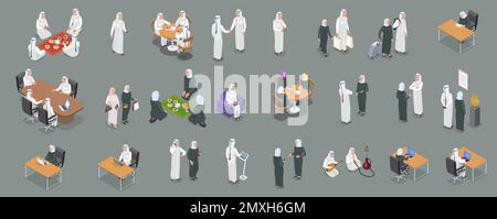 Isometric icons set with arab people working talking on phone having dinner relaxing 3d isolated vector illustration Stock Vector