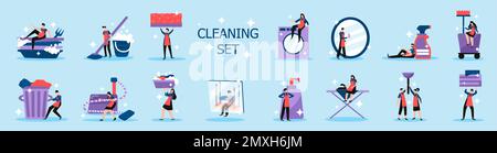 Household chores professional home and industrial cleaning service people tools flat icons set background isolated vector illustration Stock Vector