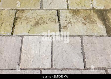 Cleaning garden patio. Sandstone paving before and after jet washing or pressure washing, UK. Stock Photo