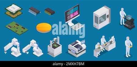 Semiconductor chip production isometric set with isolated icons of microprocessors production facilities and characters of workers vector illustation Stock Vector