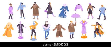 Fur coat set with man and woman fashion flat isolated vector illustration Stock Vector