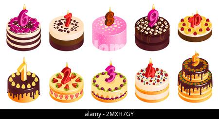 Birthday cake set with candles and cream isometric isolated vector illustration Stock Vector